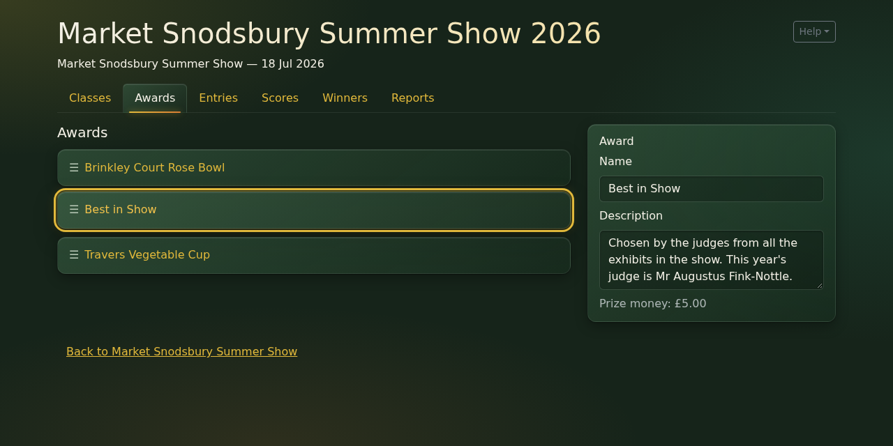 The edition's Awards tab, with this year's judge added to the description