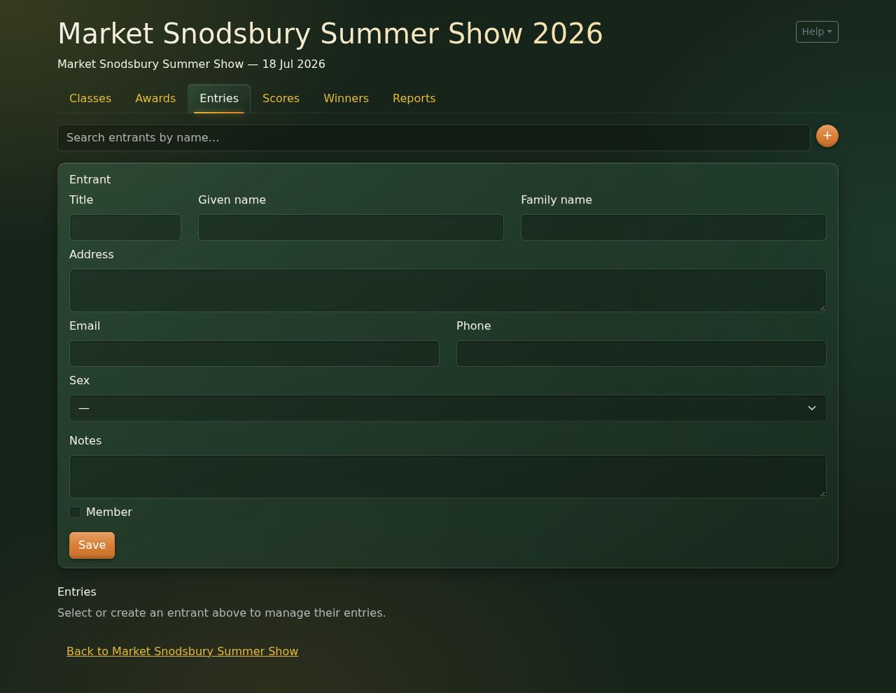 The Entries tab, ready for a new entrant