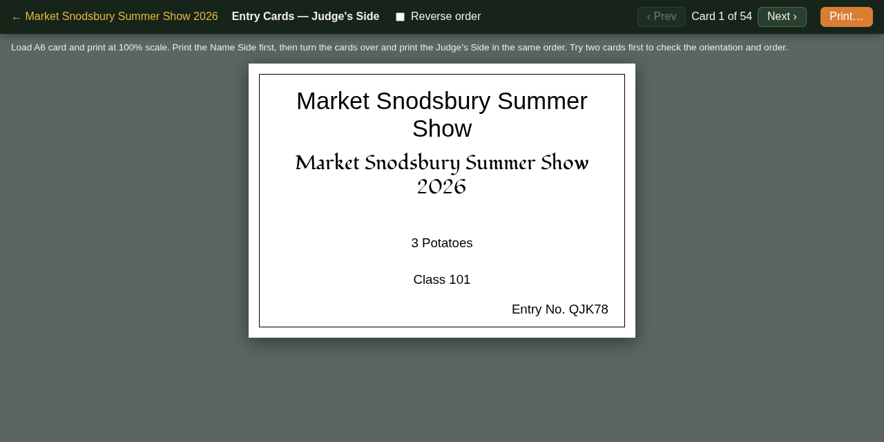 The same entry card, judge's side