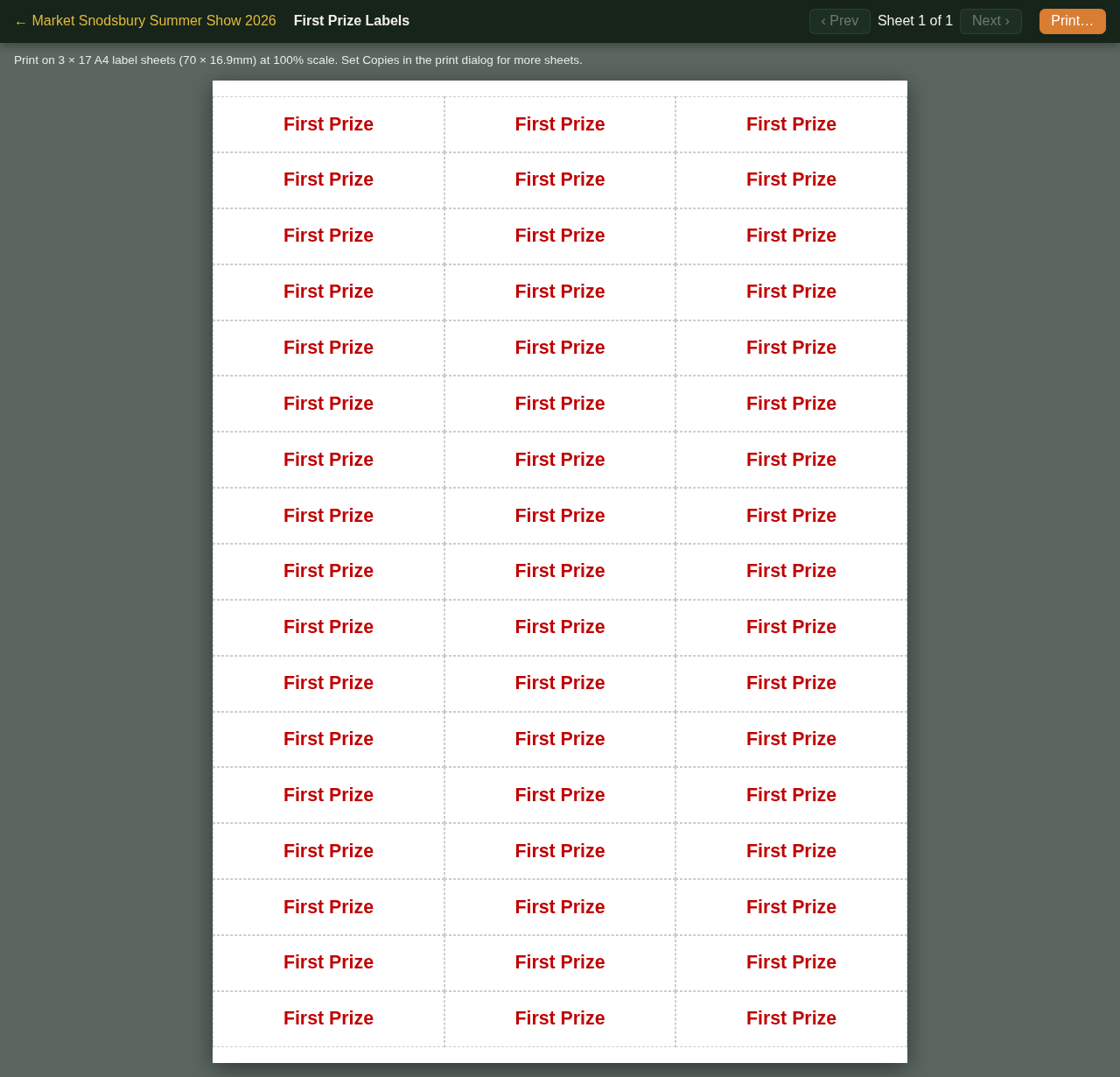 A sheet of First Prize labels